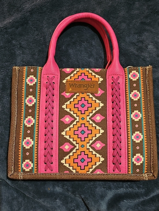 Wrangler Handbags - Wrangler Brown Tote with Pink Accents and Geometric Embroidery